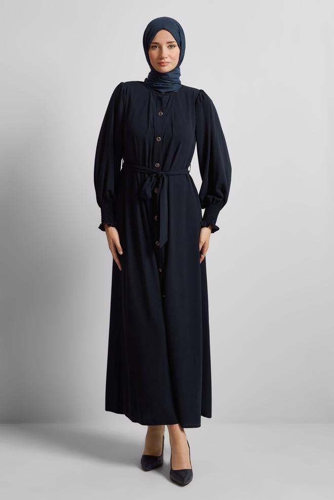 Vêtements hijab BLEU MARINE ABAYA CEINTURÉE 80130 - ALVİNA