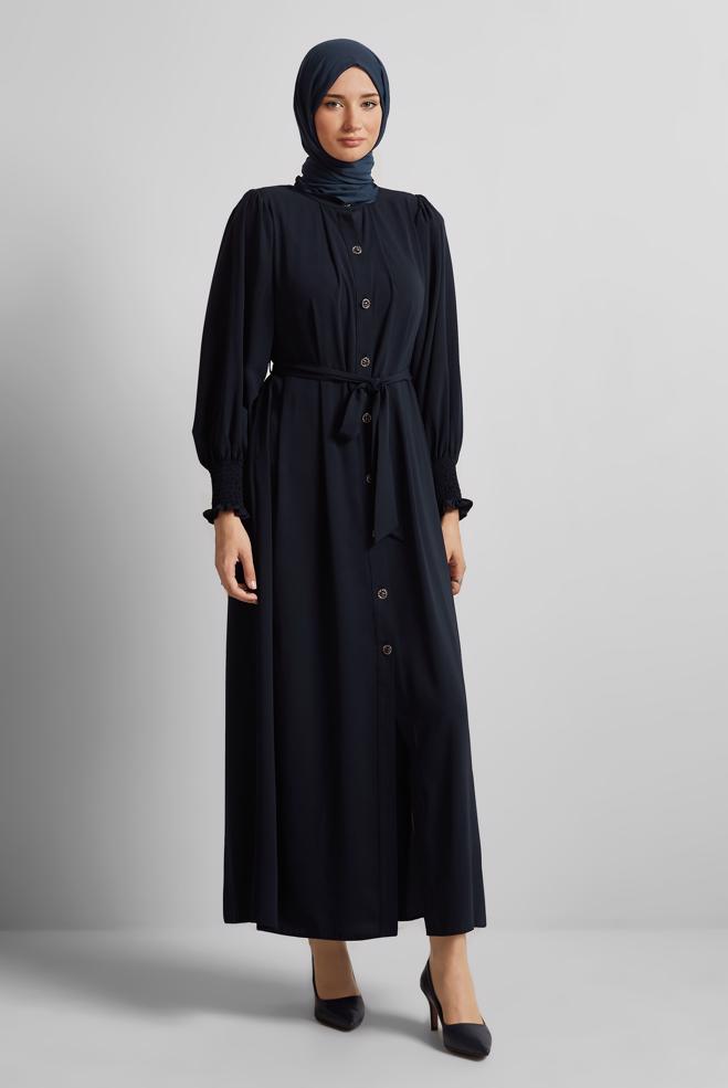 Vêtements hijab BLEU MARINE ABAYA CEINTURÉE 80130 - ALVİNA