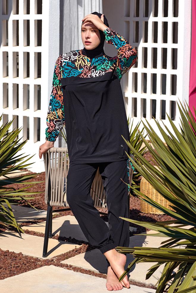 Vêtements hijab NOIR MAILLOT DE BAIN HIJAB À MOTIFS 1207 - ALVİNA