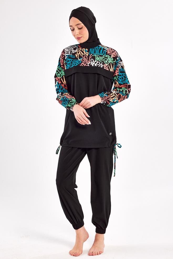 Vêtements hijab NOIR MAILLOT DE BAIN HIJAB À MOTIFS 1207 - ALVİNA