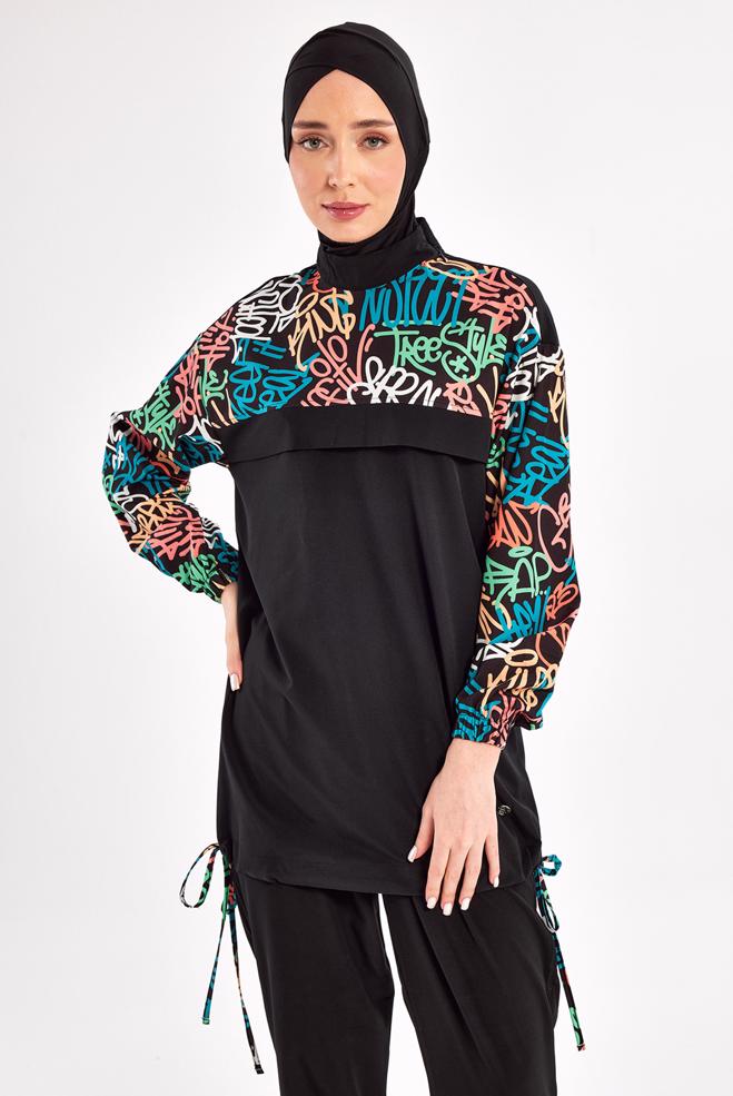 Vêtements hijab NOIR MAILLOT DE BAIN HIJAB À MOTIFS 1207 - ALVİNA