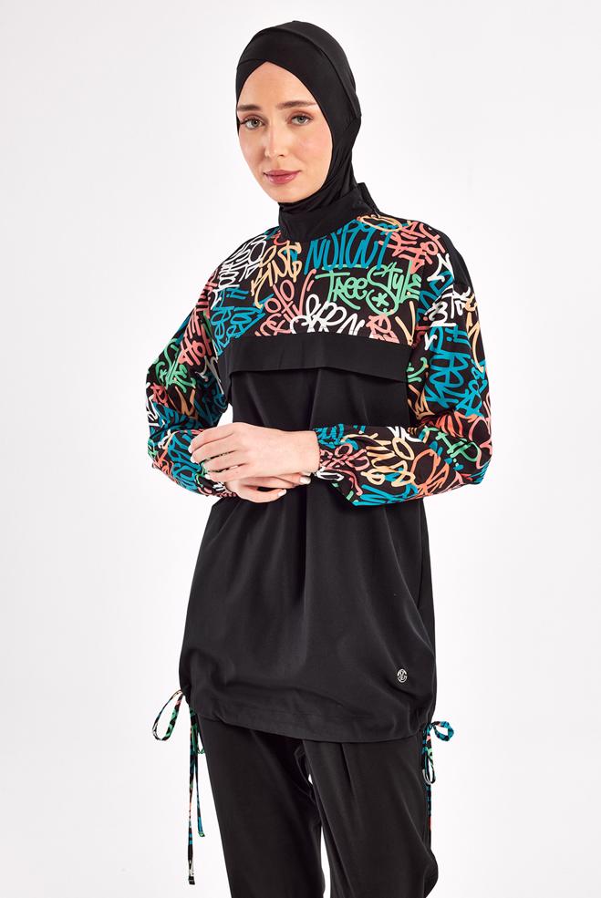Vêtements hijab NOIR MAILLOT DE BAIN HIJAB À MOTIFS 1207 - ALVİNA