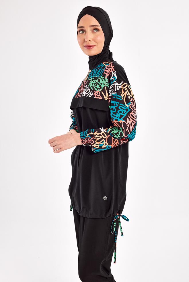 Vêtements hijab NOIR MAILLOT DE BAIN HIJAB À MOTIFS 1207 - ALVİNA