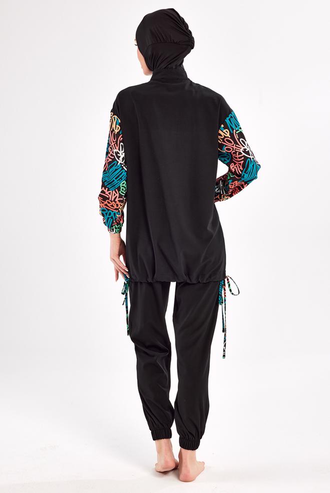 Vêtements hijab NOIR MAILLOT DE BAIN HIJAB À MOTIFS 1207 - ALVİNA