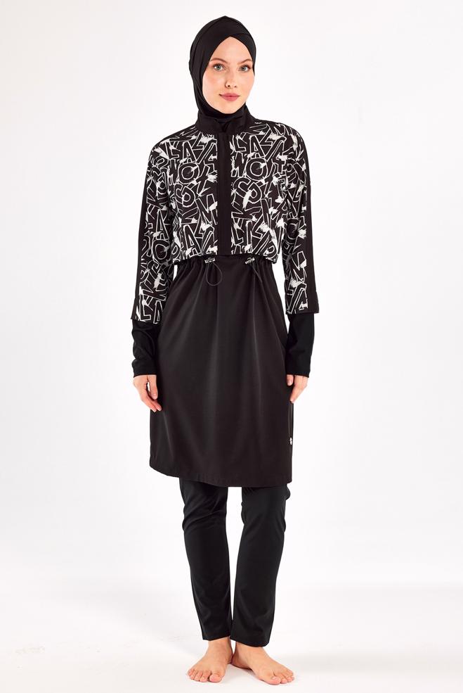Vêtements hijab NOIR MAILLOT DE BAIN HIJAB À MOTIFS 1215 - ALVİNA