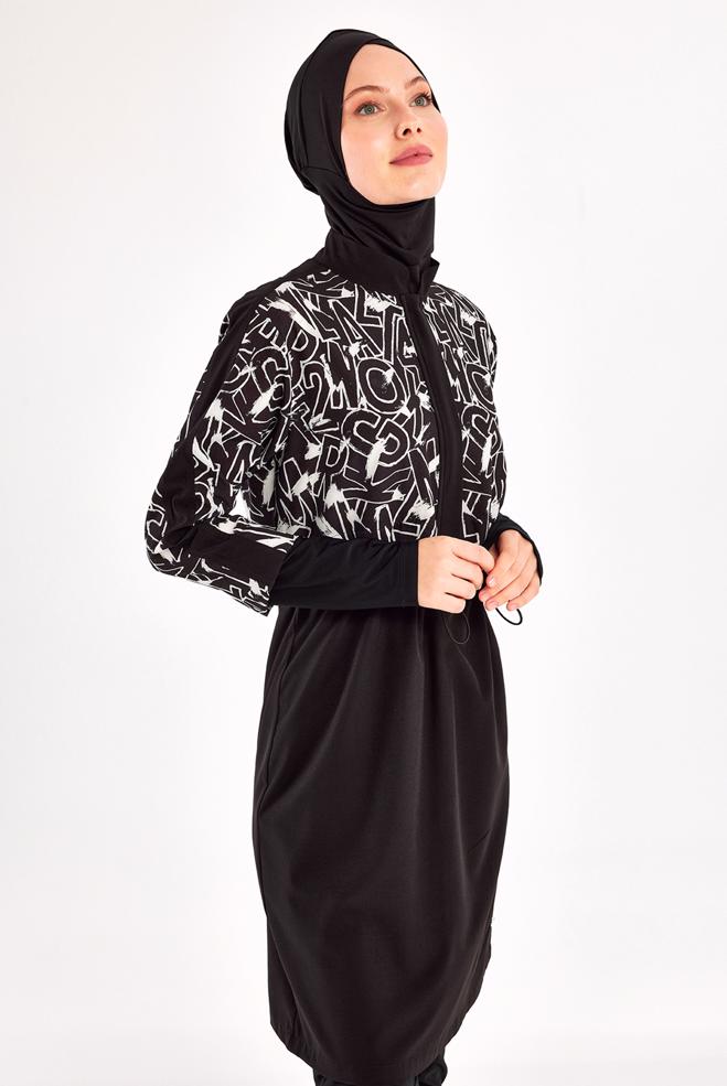 Vêtements hijab NOIR MAILLOT DE BAIN HIJAB À MOTIFS 1215 - ALVİNA