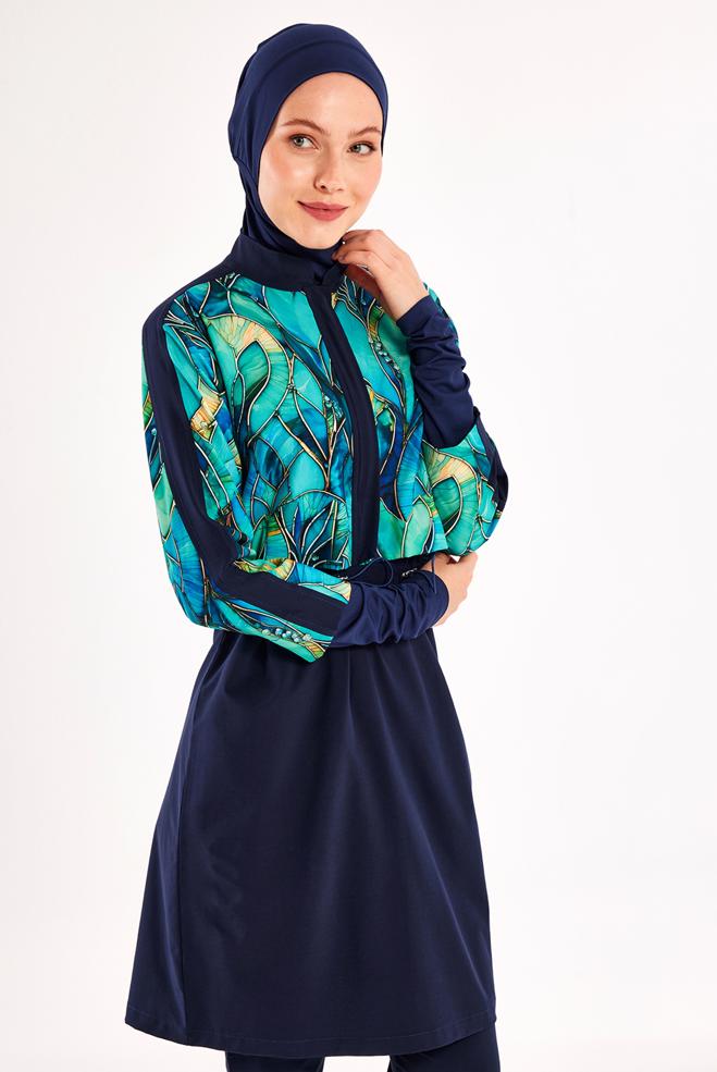 Vêtements hijab BLEU MARINE MAILLOT DE BAIN HIJAB À MOTIFS 1216 - ALVİNA