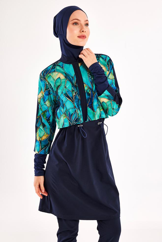 Vêtements hijab BLEU MARINE MAILLOT DE BAIN HIJAB À MOTIFS 1216 - ALVİNA