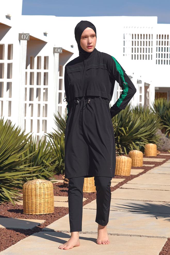 Vêtements hijab NOIR MAILLOT DE BAIN HIJAB TAILLE SMOCKÉE 1223 - ALVİNA