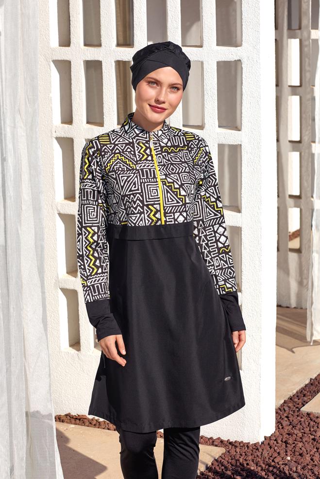 Vêtements hijab NOIR MAILLOT DE BAIN HIJAB À MOTIFS 1407 - ALVİNA