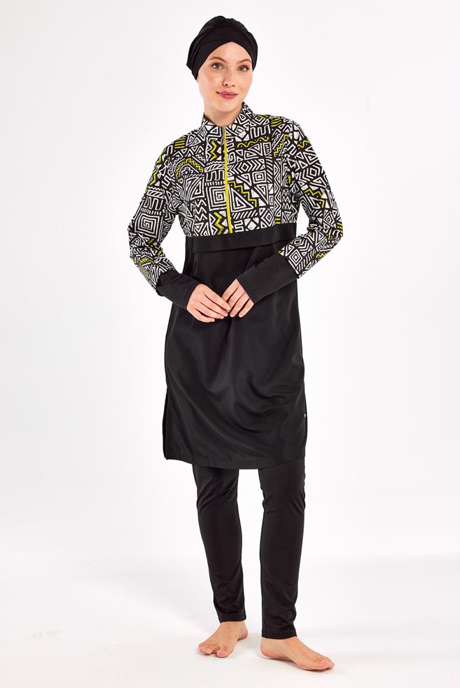 Vêtements hijab NOIR MAILLOT DE BAIN HIJAB À MOTIFS 1407 - ALVİNA