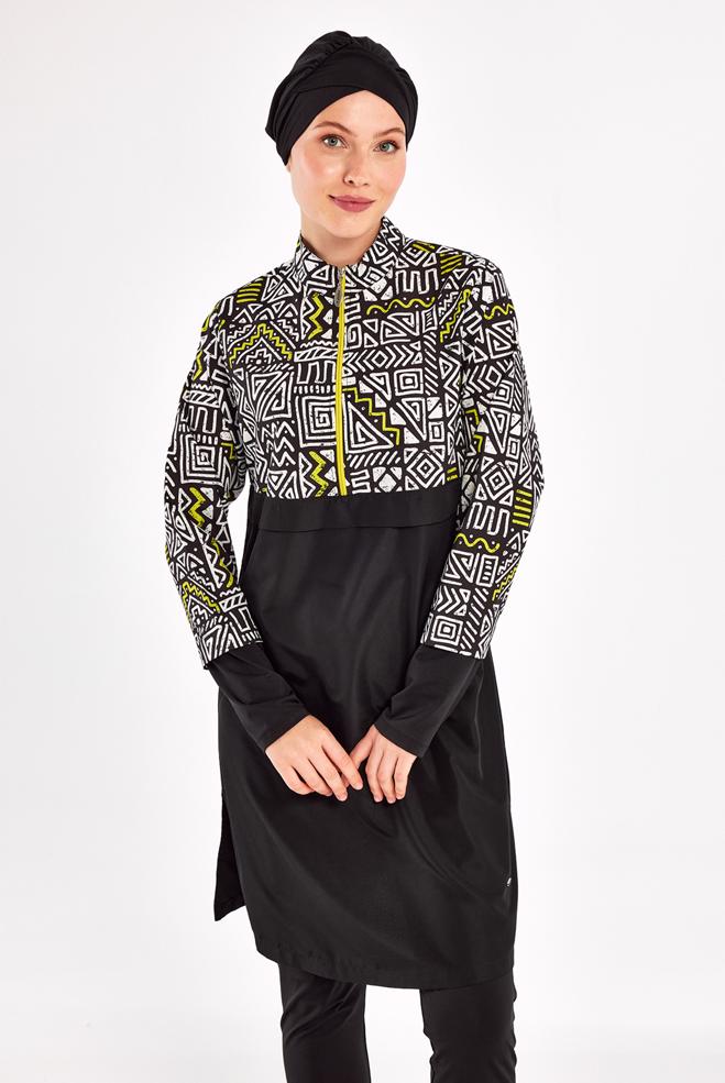 Vêtements hijab NOIR MAILLOT DE BAIN HIJAB À MOTIFS 1407 - ALVİNA