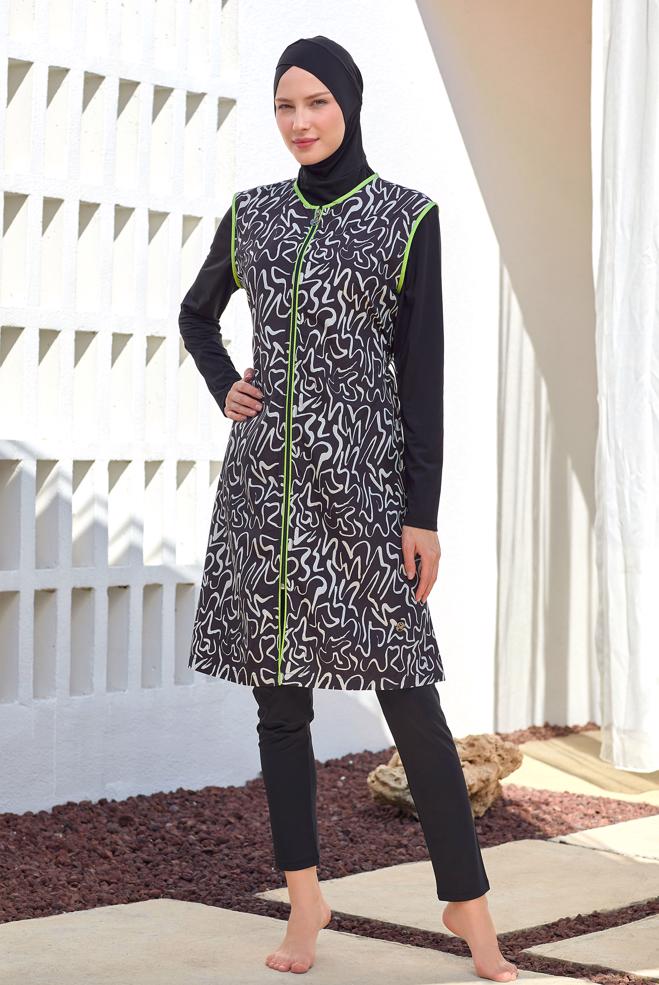 Vêtements hijab NOIR MAILLOT DE BAIN HIJAB À MOTIFS 2305 - ALVİNA