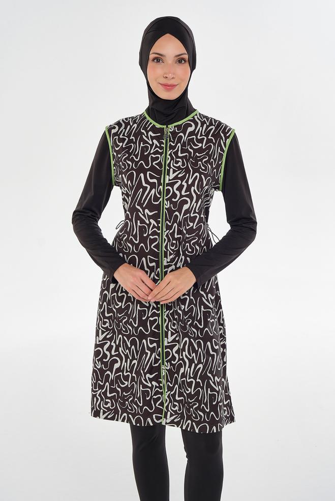Vêtements hijab NOIR MAILLOT DE BAIN HIJAB À MOTIFS 2305 - ALVİNA