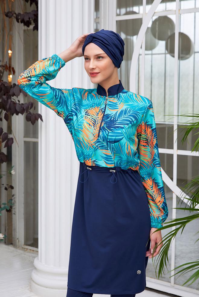 Vêtements hijab BLEU MARINE MAILLOT DE BAIN HIJAB À TAILLE FUMÉE2403 - ALVİNA