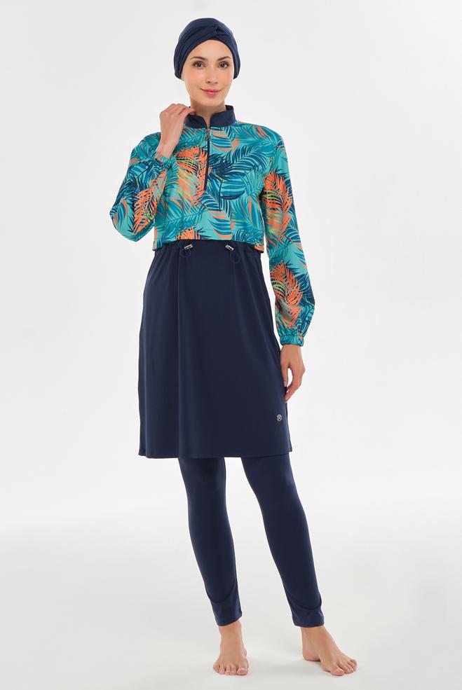 Vêtements hijab BLEU MARINE MAILLOT DE BAIN HIJAB À TAILLE FUMÉE2403 - ALVİNA