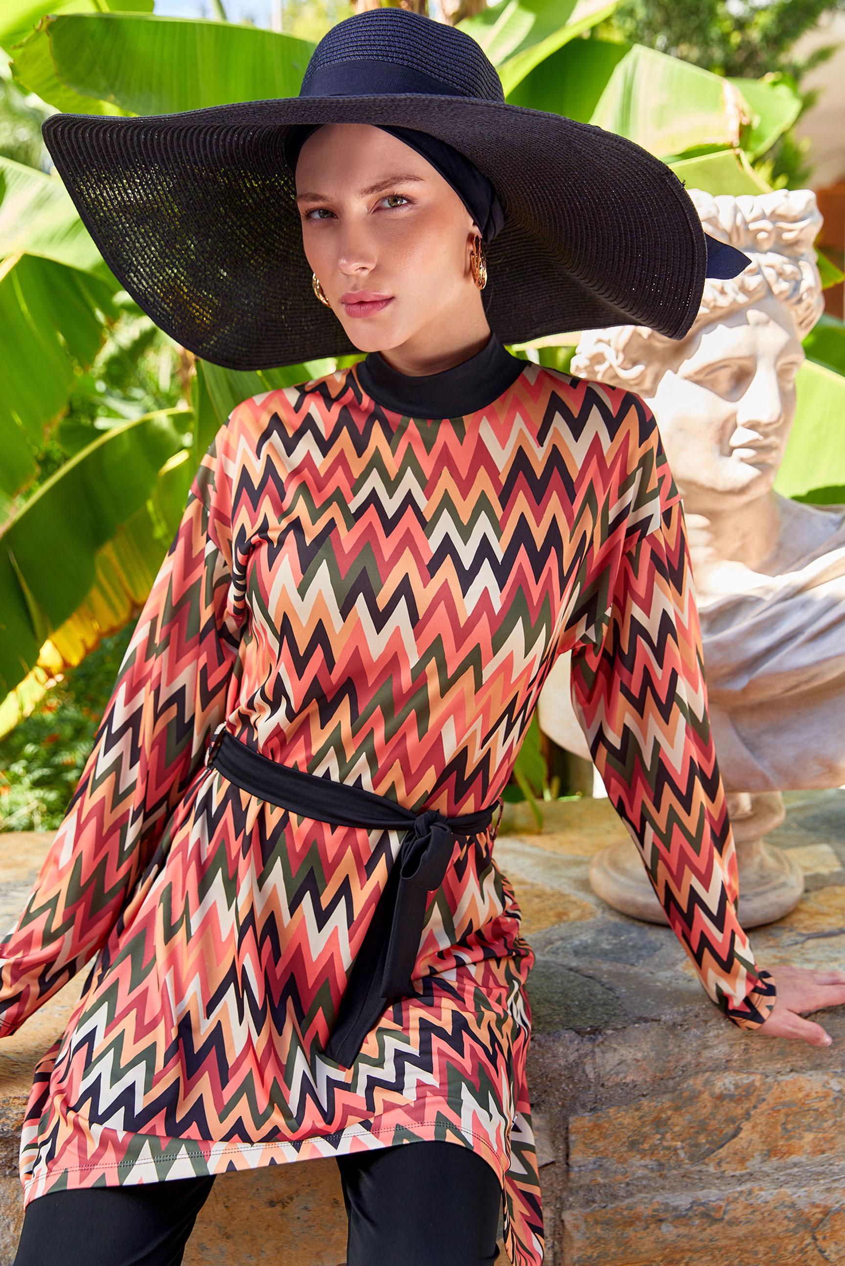 Vêtements hijab NOIR MAILLOT DE BAIN HIJAB CEINTURÉ À MOTIFS3112