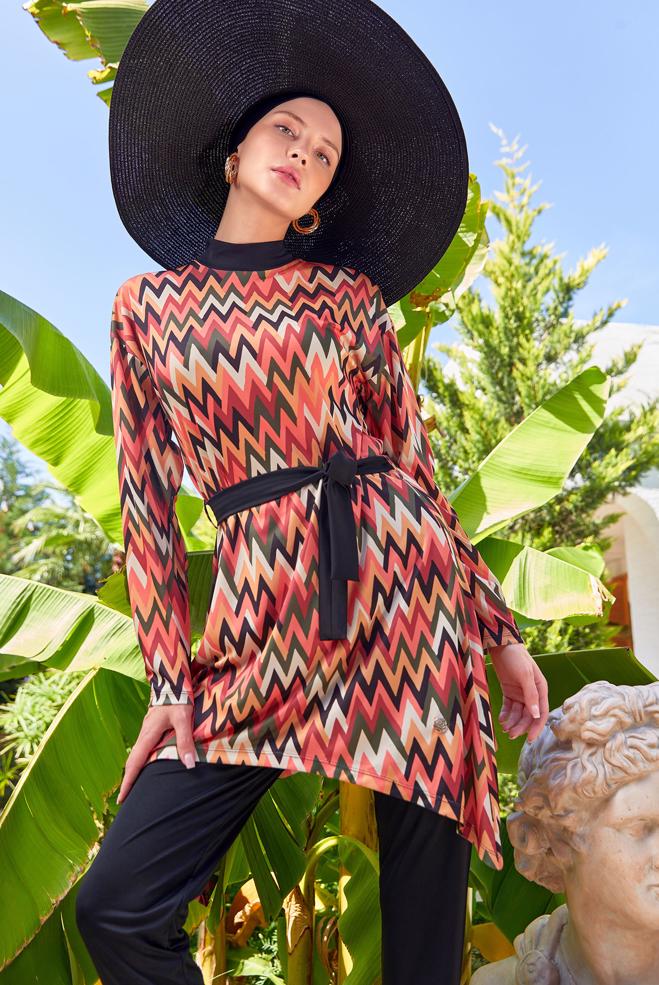 Vêtements hijab NOIR MAILLOT DE BAIN HIJAB CEINTURÉ À MOTIFS3112 - ALVİNA