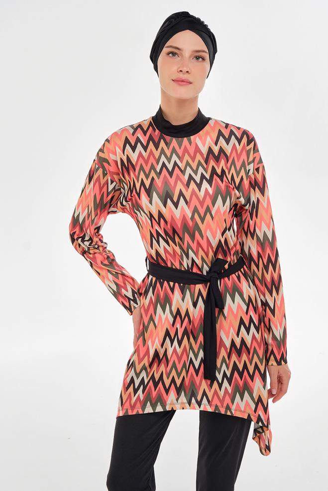 Vêtements hijab NOIR MAILLOT DE BAIN HIJAB CEINTURÉ À MOTIFS3112 - ALVİNA