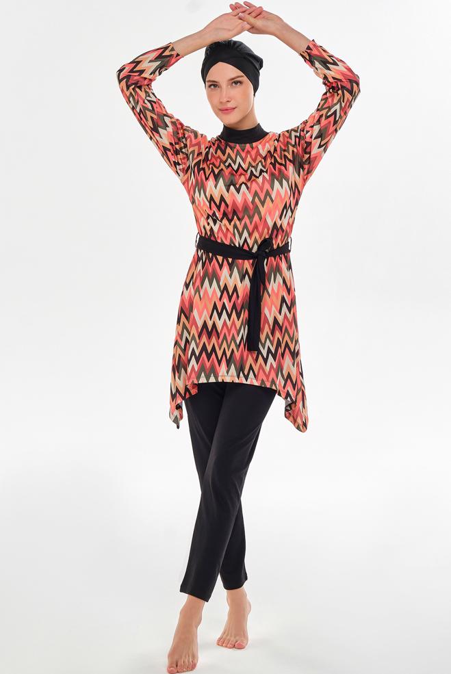 Vêtements hijab NOIR MAILLOT DE BAIN HIJAB CEINTURÉ À MOTIFS3112 - ALVİNA