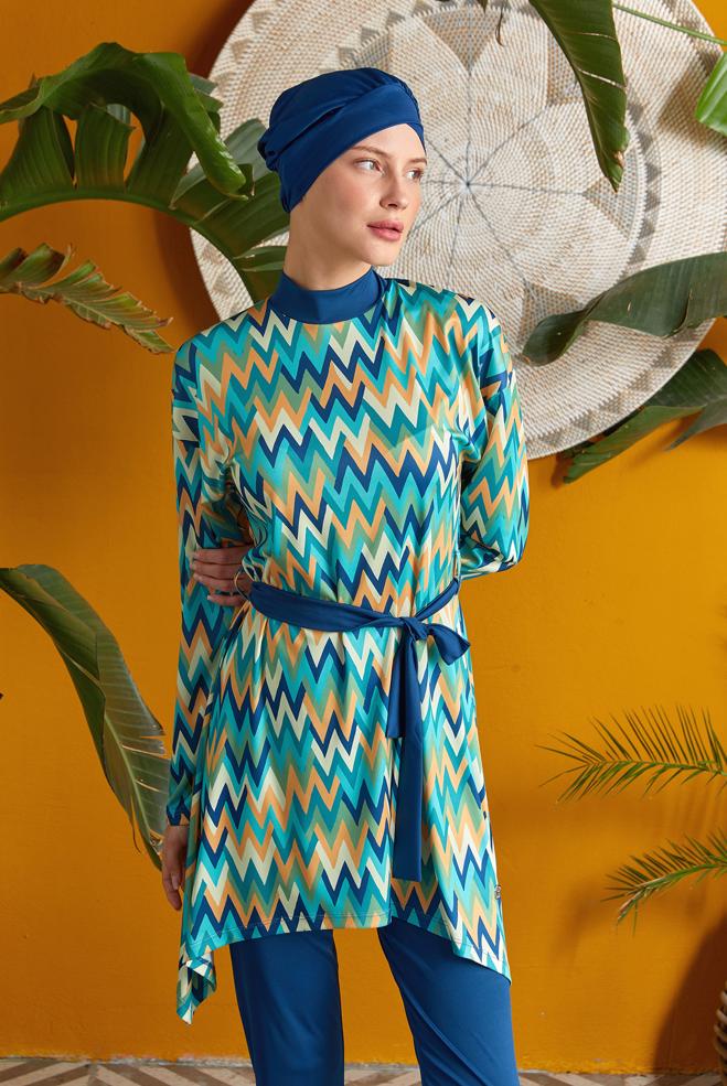 Vêtements hijab BLEU MARINE MAILLOT DE BAIN HIJAB CEINTURÉ À MOTIFS3112 - ALVİNA