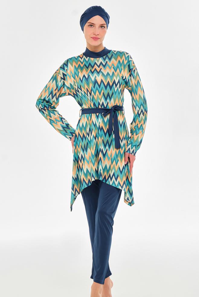 Vêtements hijab BLEU MARINE MAILLOT DE BAIN HIJAB CEINTURÉ À MOTIFS3112 - ALVİNA