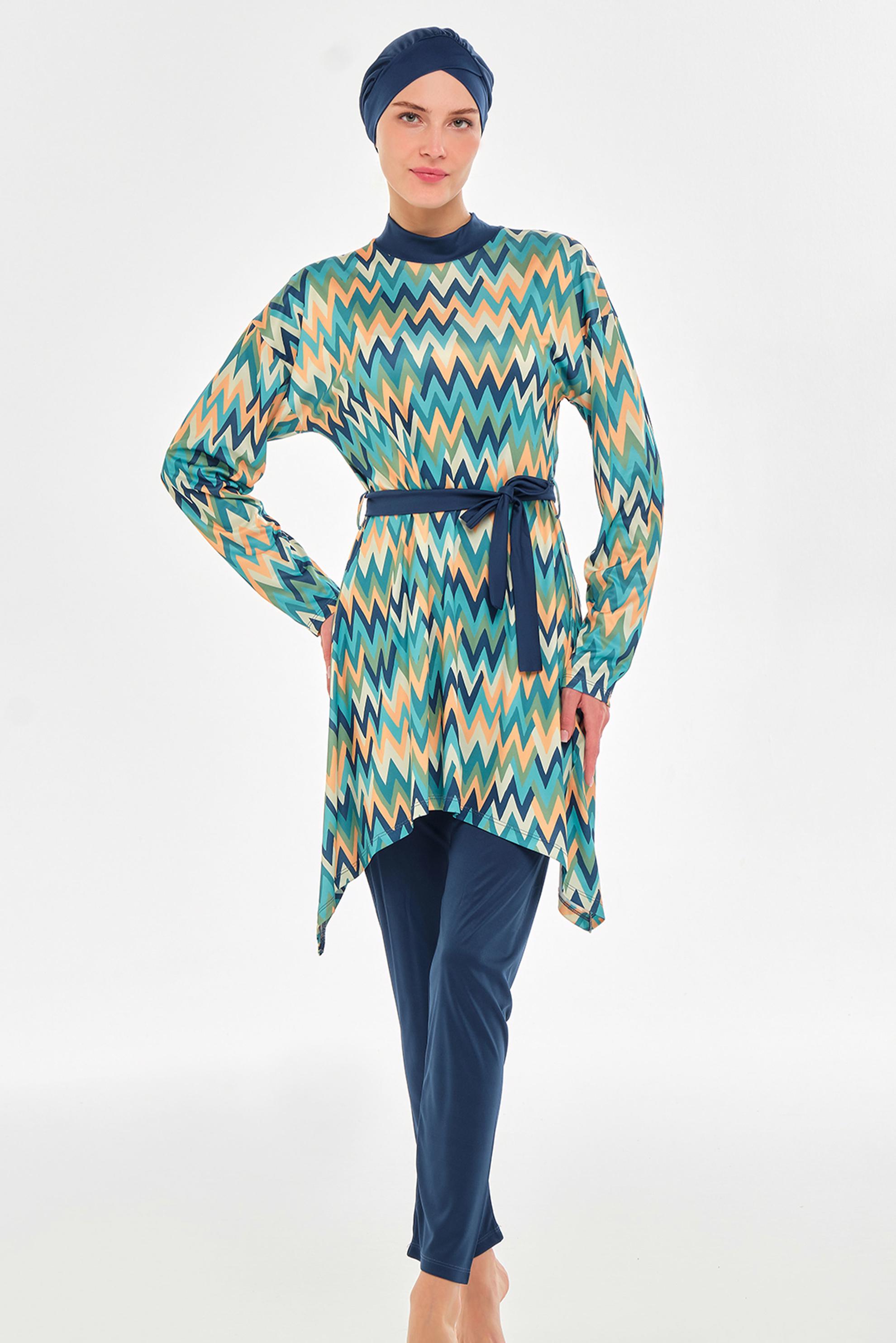 Vêtements hijab BLEU MARINE MAILLOT DE BAIN HIJAB CEINTURÉ À MOTIFS3112