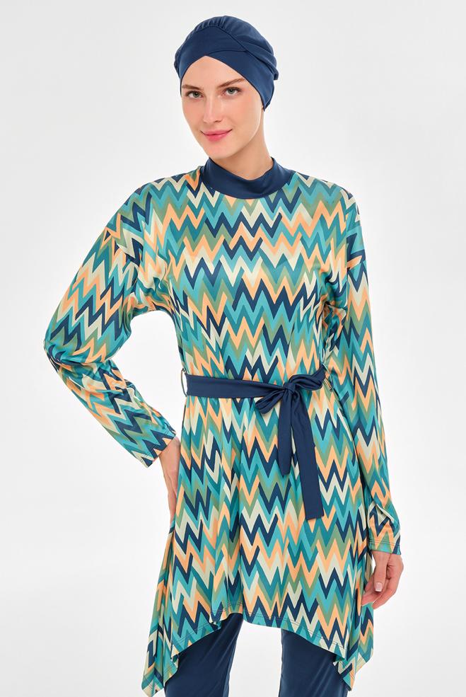 Vêtements hijab BLEU MARINE MAILLOT DE BAIN HIJAB CEINTURÉ À MOTIFS3112 - ALVİNA