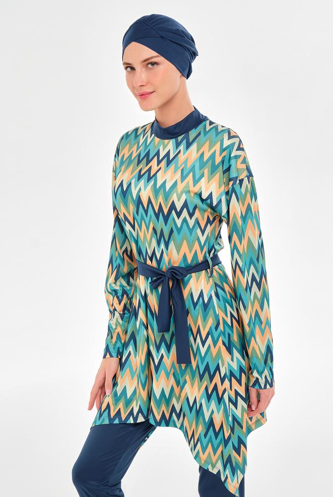 Vêtements hijab BLEU MARINE MAILLOT DE BAIN HIJAB CEINTURÉ À MOTIFS3112 - ALVİNA
