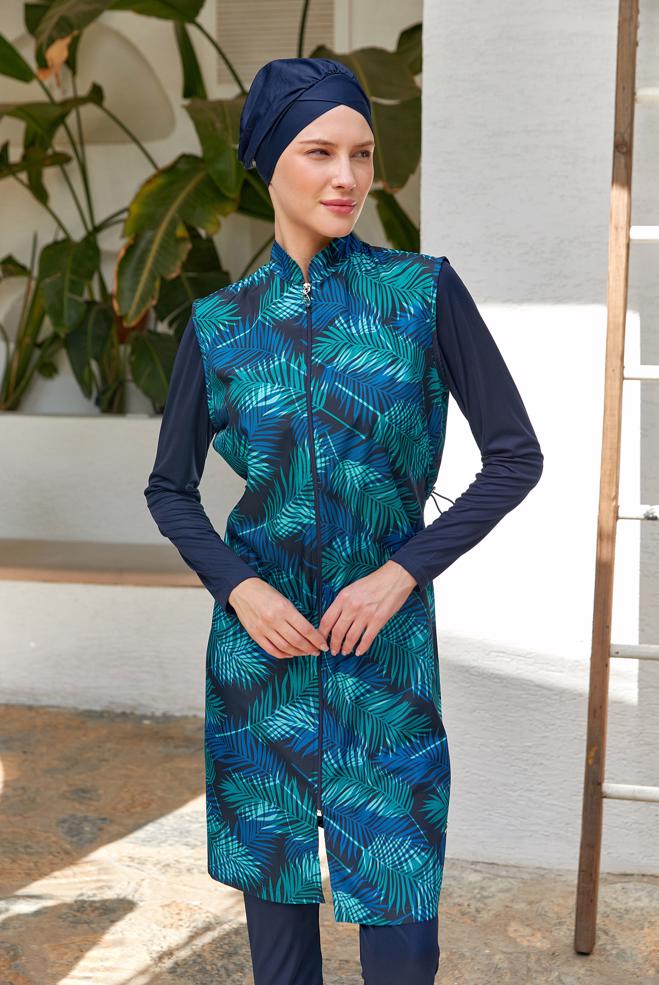 Vêtements hijab BLEU MARINE MAILLOT DE BAIN HIJAB À TAILLE FUMÉE 3301 - ALVİNA