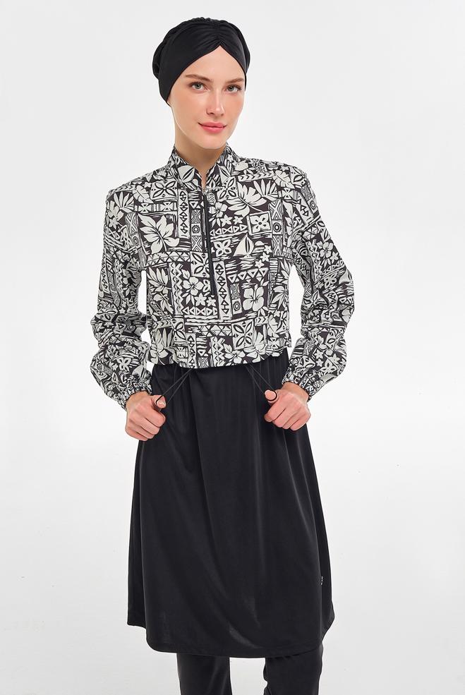 Vêtements hijab NOIR MAILLOT DE BAIN HIJAB À MOTIFS 3402 - ALVİNA
