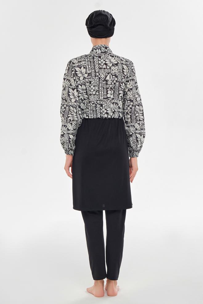 Vêtements hijab NOIR MAILLOT DE BAIN HIJAB À MOTIFS 3402 - ALVİNA