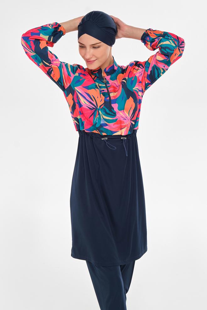 Vêtements hijab BLEU MARINE MAILLOT DE BAIN HIJAB À MOTIFS 3403 - ALVİNA