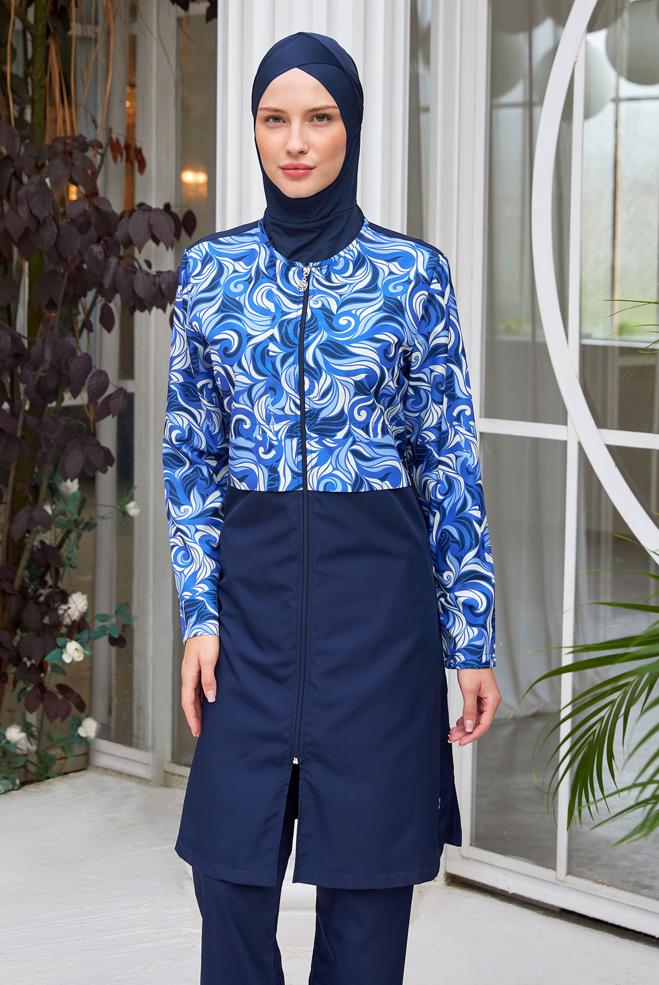 Vêtements hijab BLEU MARINE MAILLOT DE BAIN HIJAB À MOTIFS 3502 - ALVİNA