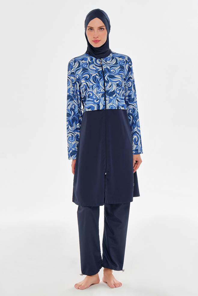 Vêtements hijab BLEU MARINE MAILLOT DE BAIN HIJAB À MOTIFS 3502 - ALVİNA