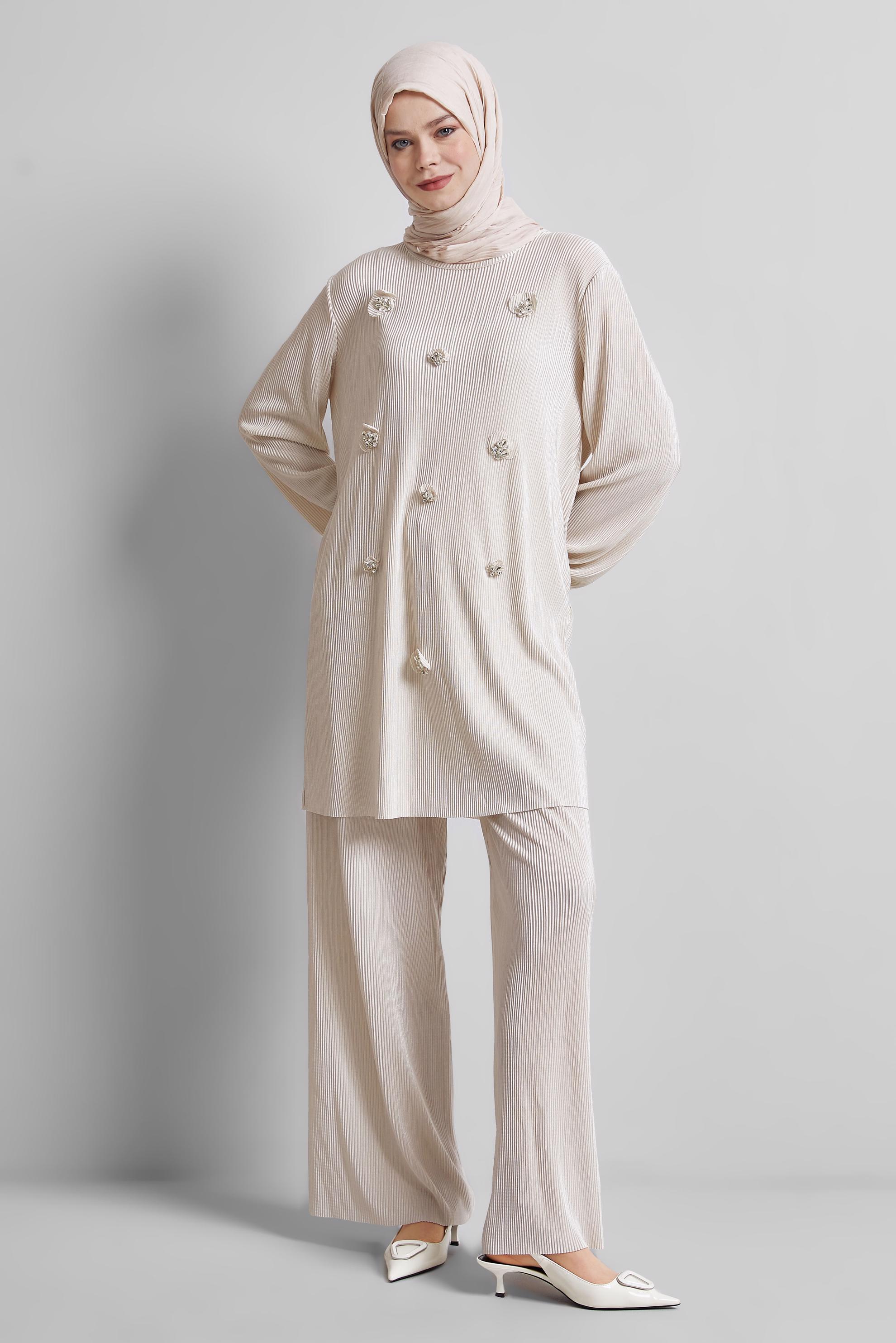 Tesettür giyim BEJ BELİ LASTİKLİ PANTOLON 70740