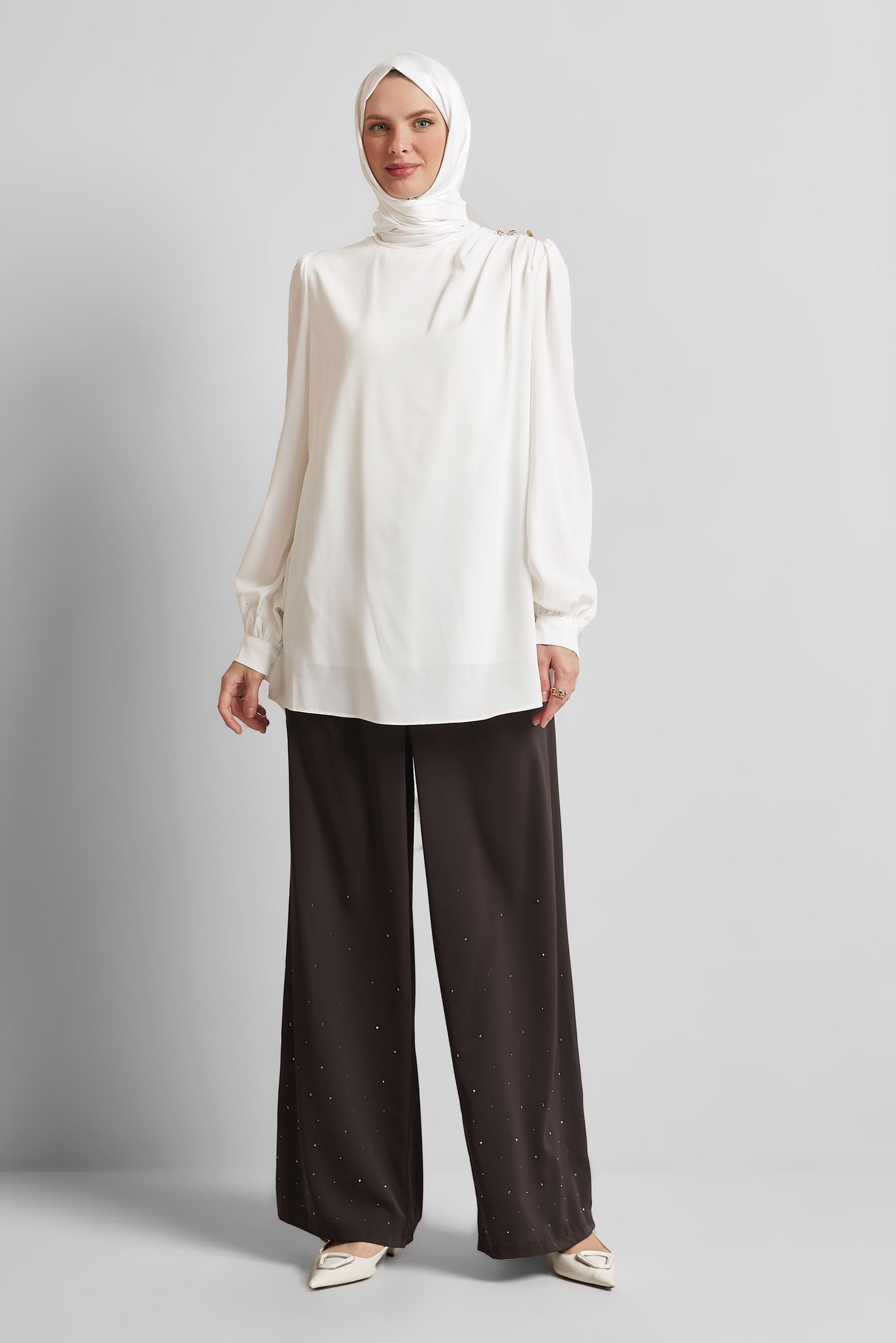 Tesettür giyim KAHVE TAŞLI GENİŞ PAÇA PANTOLON 70750