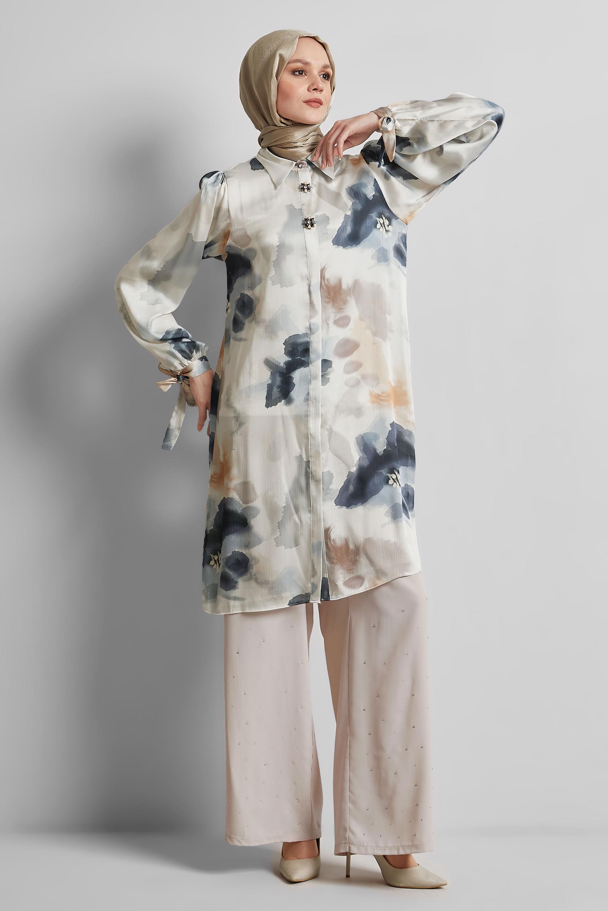 Tesettür giyim BEJ TAŞLI GENİŞ PAÇA PANTOLON 70750