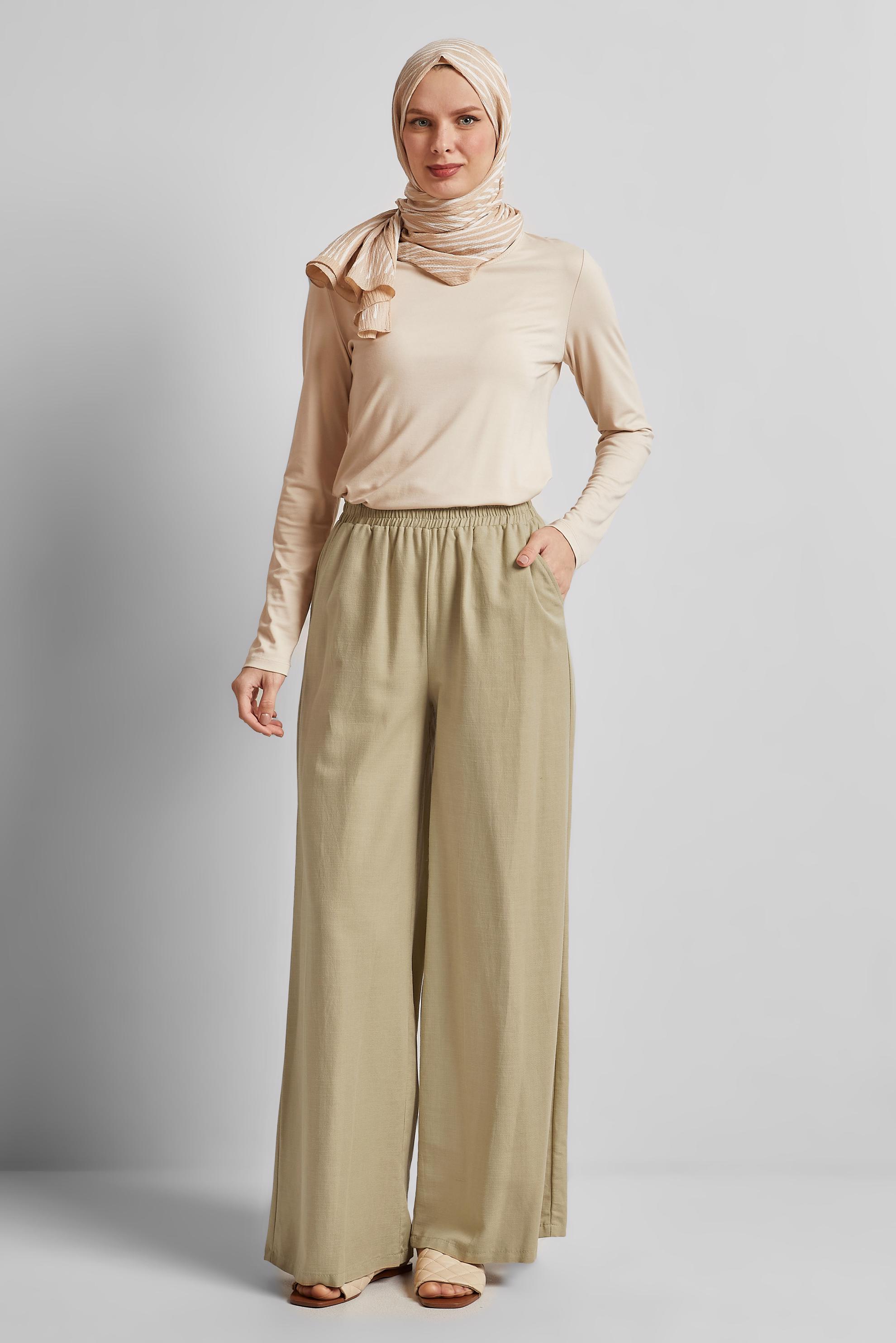 Tesettür giyim BEJ PAMUKLU GENİŞ PAÇA PANTOLON 70751