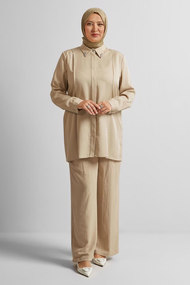 Tesettür giyim KAHVE GENİŞ PAÇA BÜYÜK BEDEN PANTOLON 70861 - ALVİNA