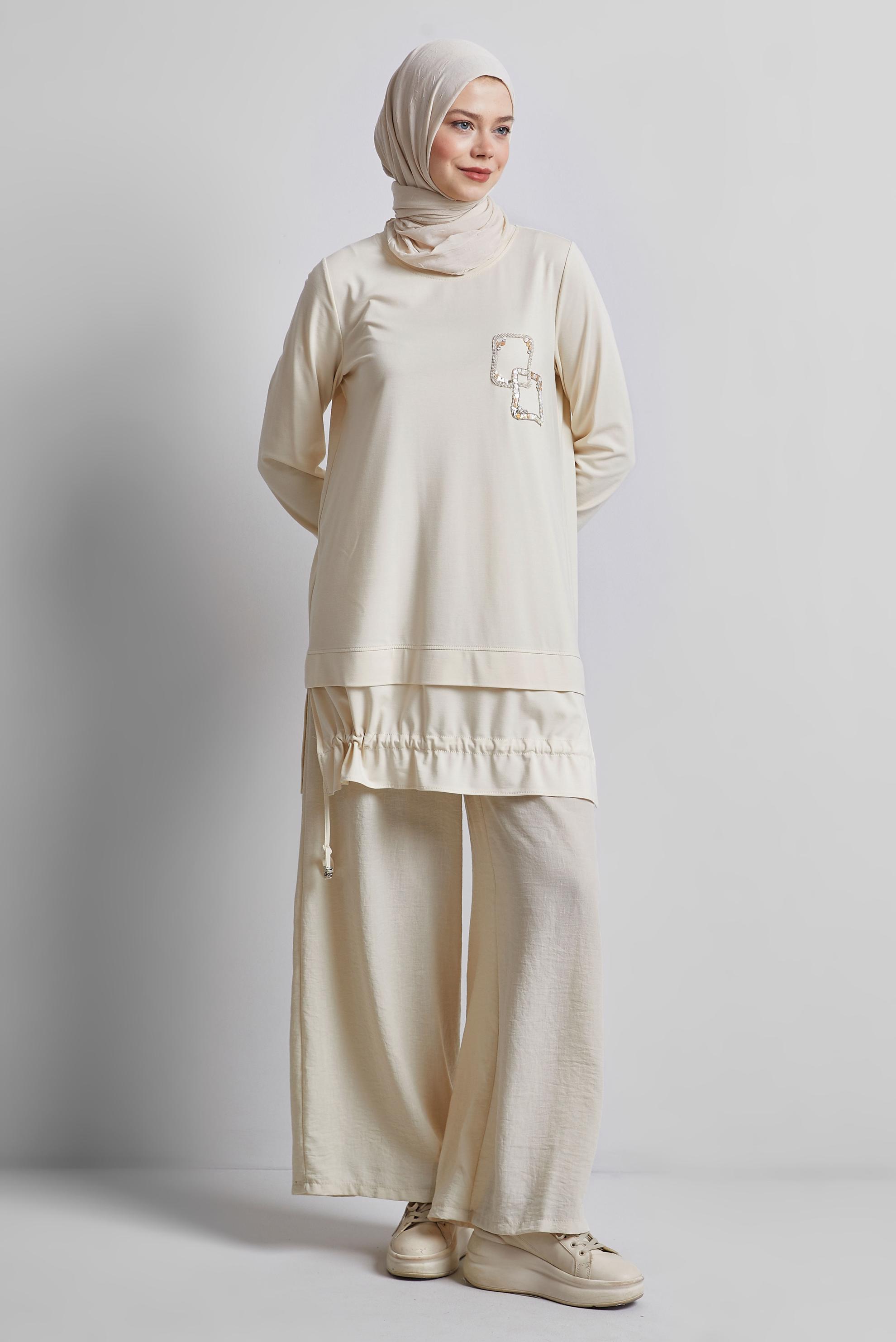 Tesettür giyim EKRU GENİŞ PAÇA PANTOLON 70863