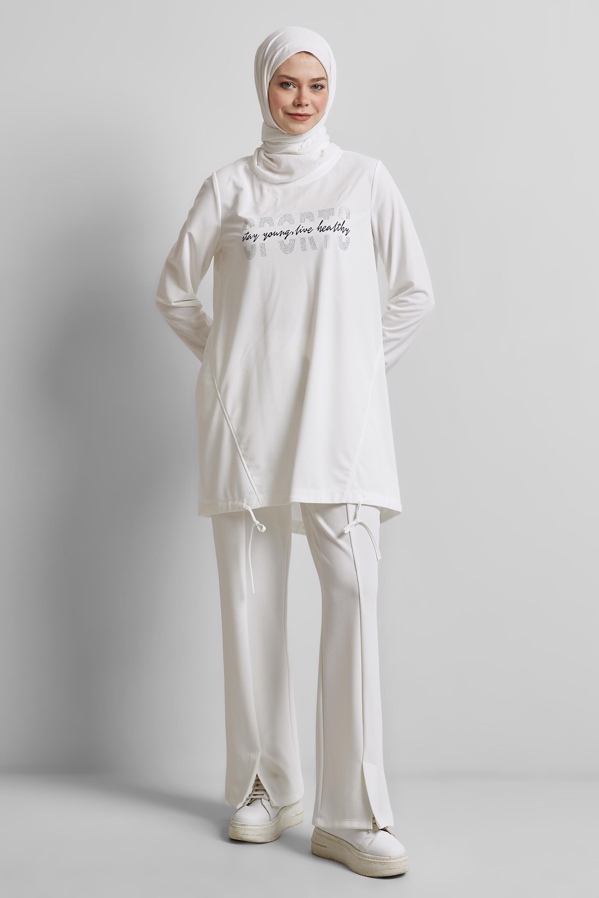 Tesettür giyim BEYAZ YIRTMAÇ DETAYLI PANTOLON 70869