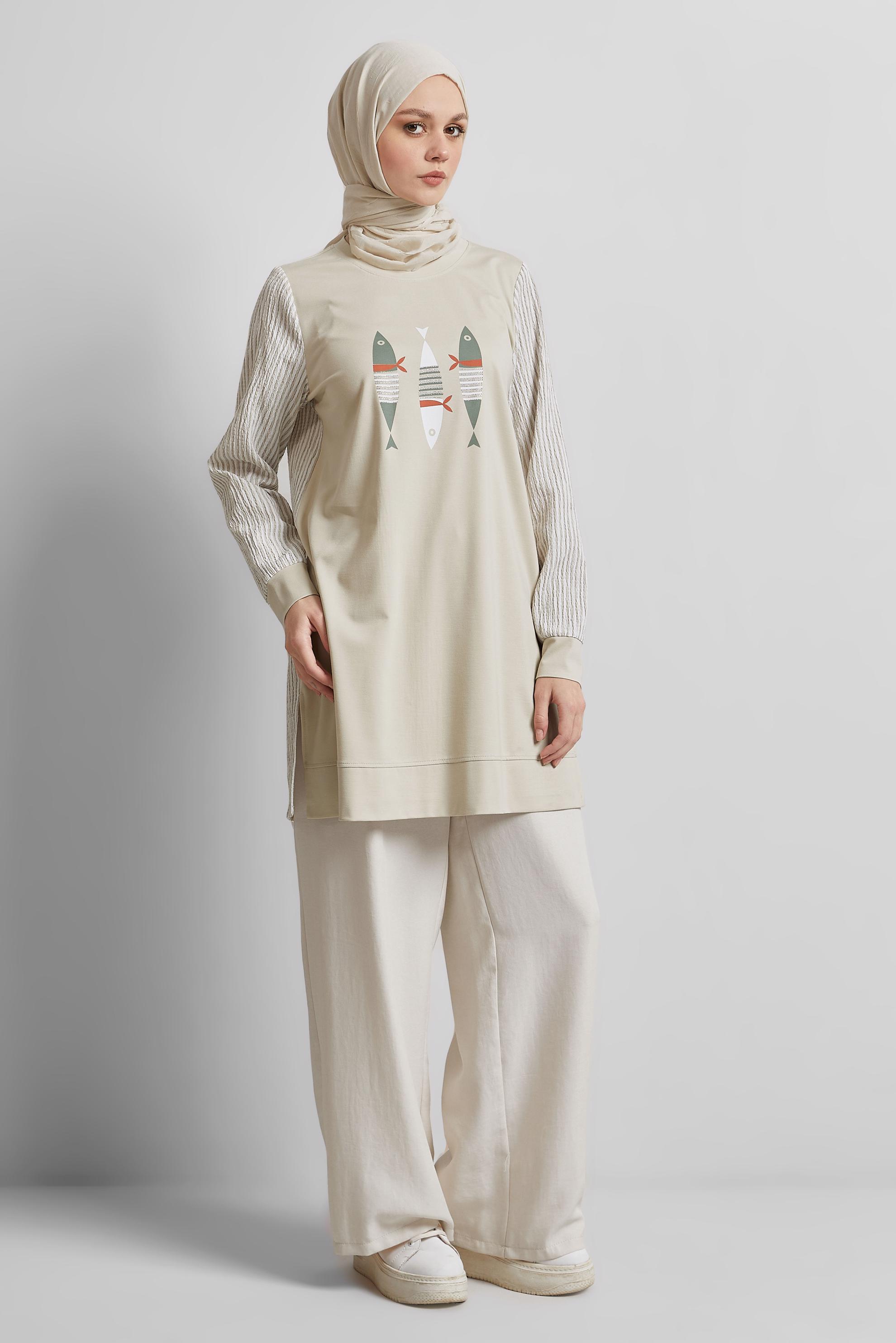 Tesettür giyim EKRU GENİŞ PAÇA PANTOLON 70871