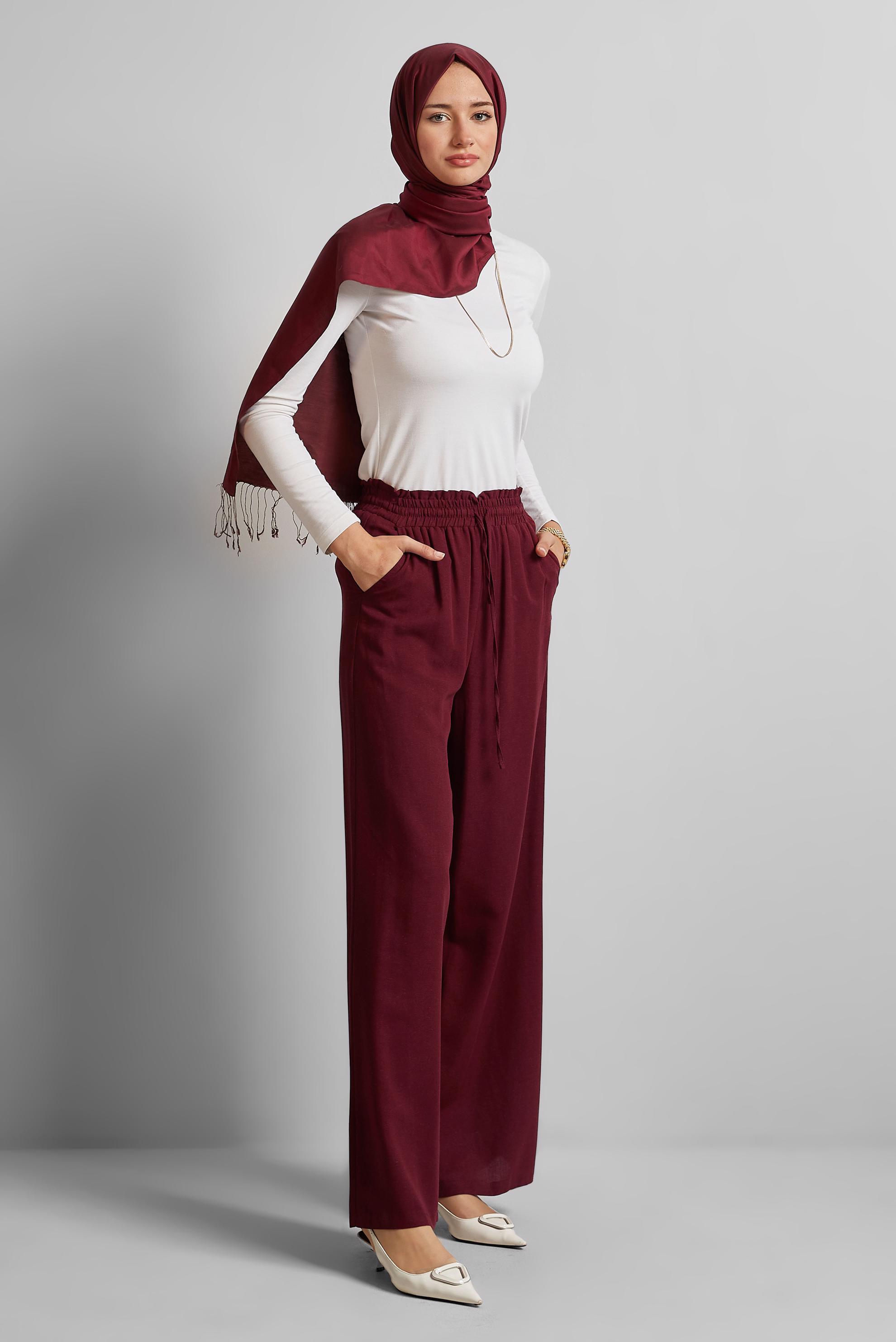 Tesettür giyim BORDO BELİ LASTİKLİ PANTOLON 70877