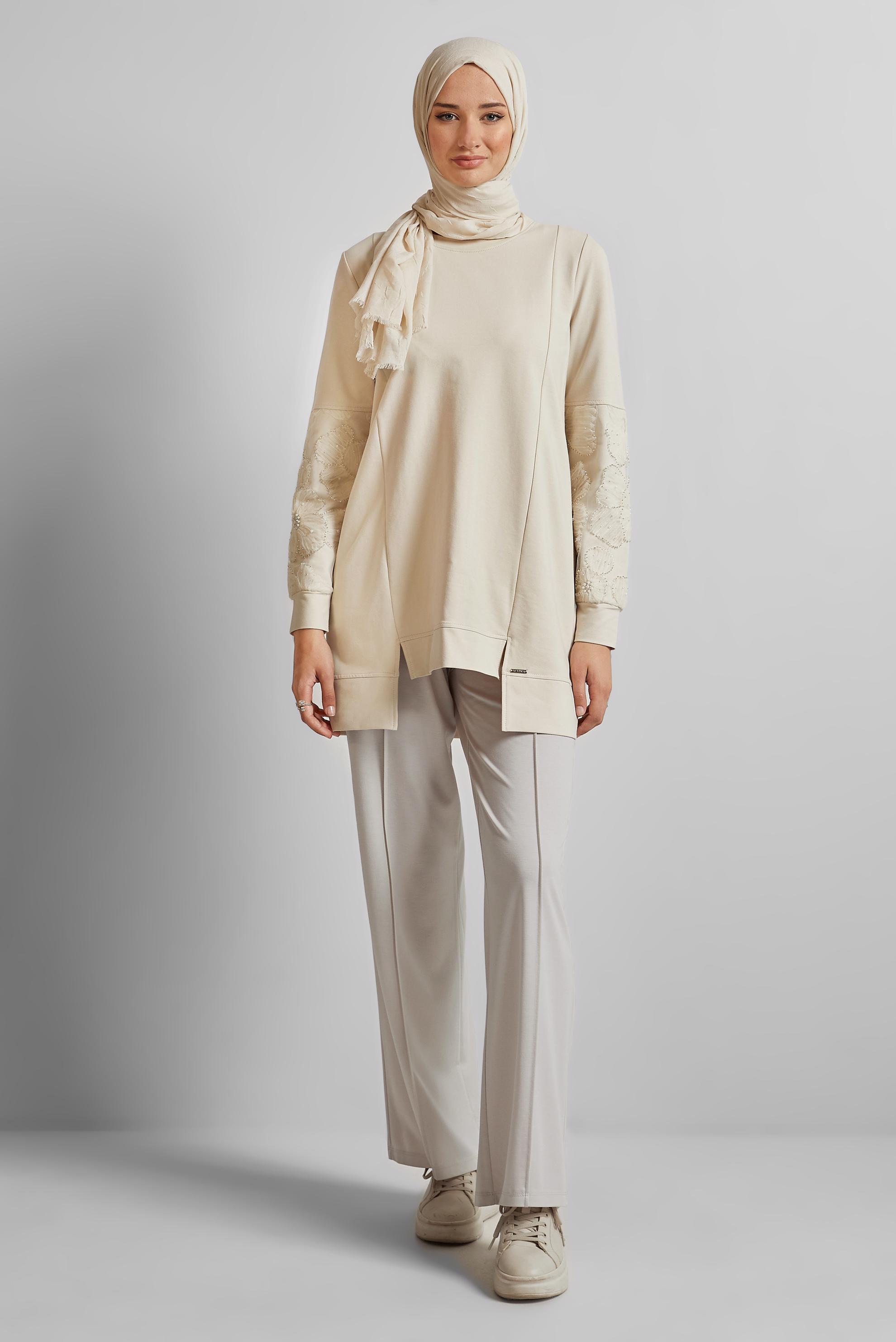 Tesettür giyim BEJ BELİ LASTİKLİ PANTOLON 70880