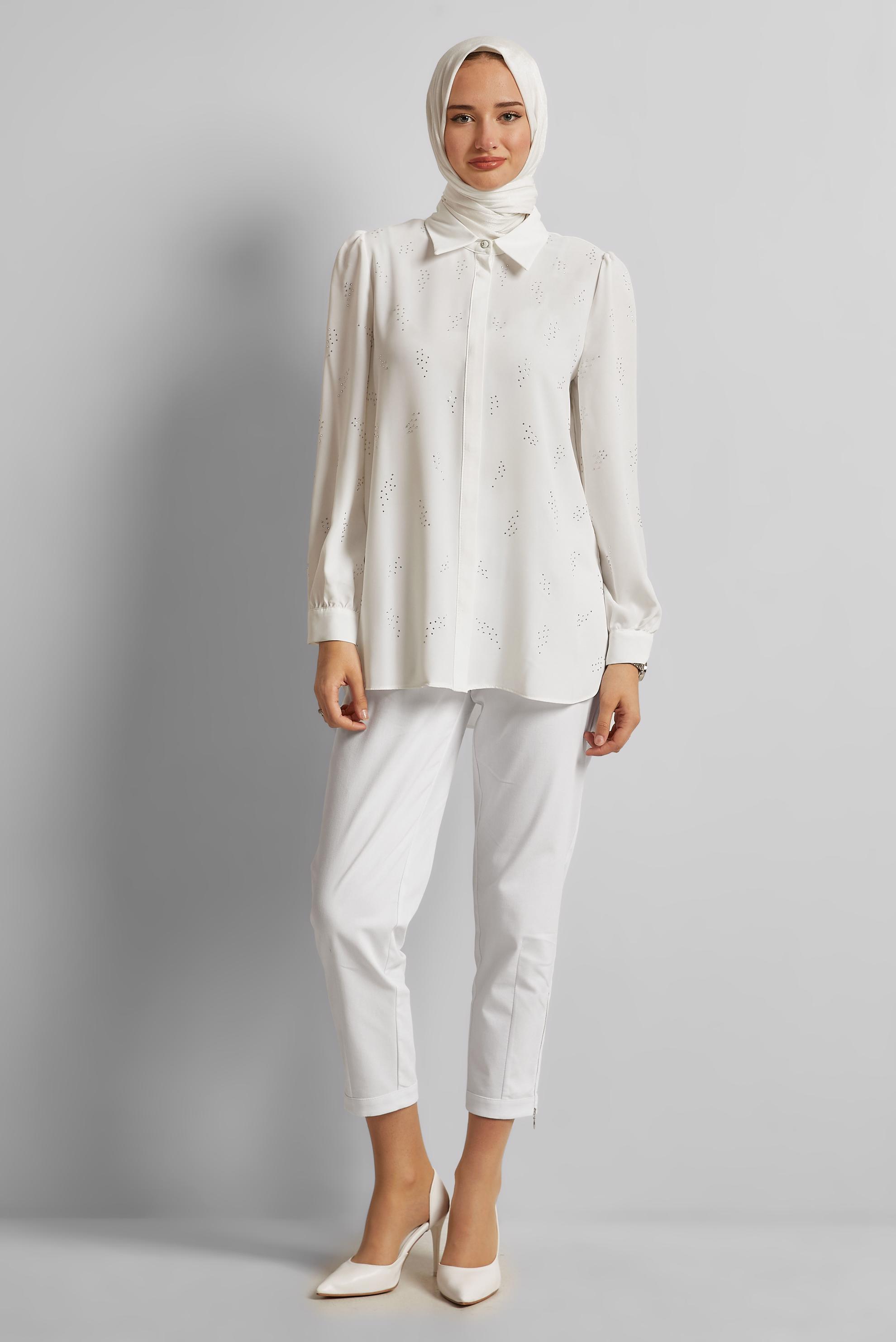 Tesettür giyim BEYAZ FERMUAR DETAYLI PANTOLON 70893