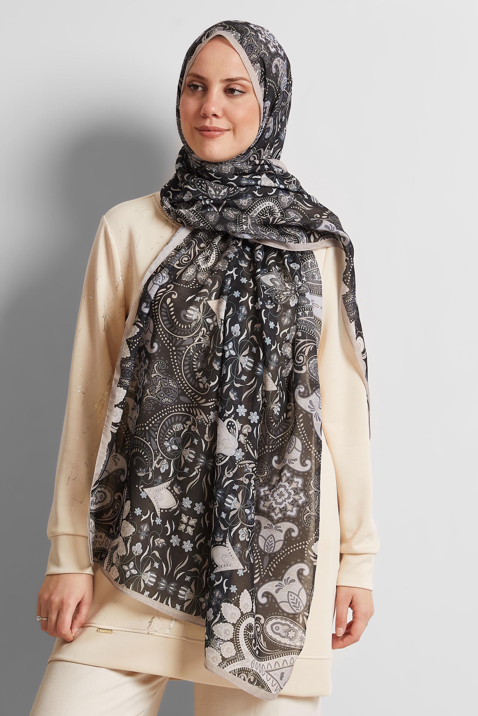 Tesettür giyim SİYAH ALVİNA DESENLİ ŞAL 10172