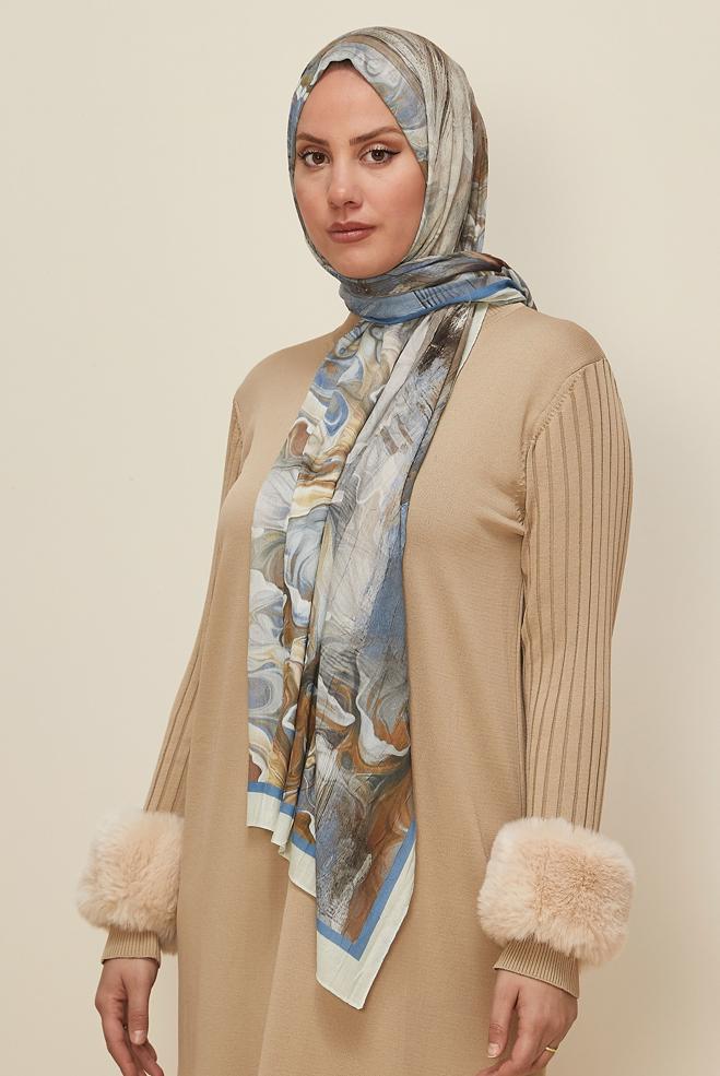 Tesettür giyim MAVİ ALVİNA DESENLİ KRAŞ ŞAL 3592 - ALVİNA