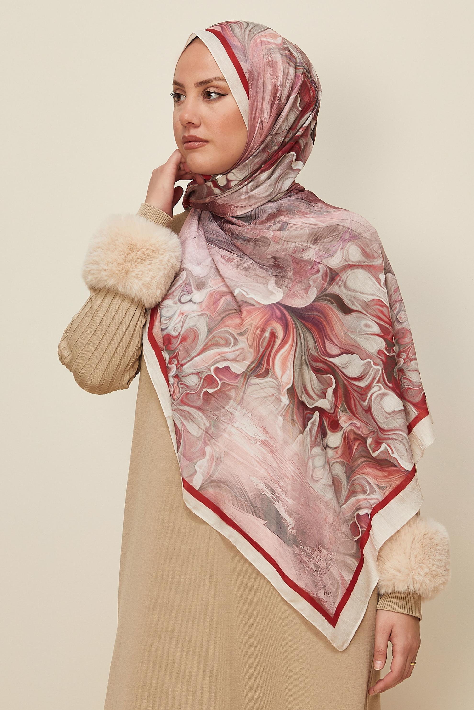 Tesettür giyim BORDO ALVİNA DESENLİ KRAŞ ŞAL 3592