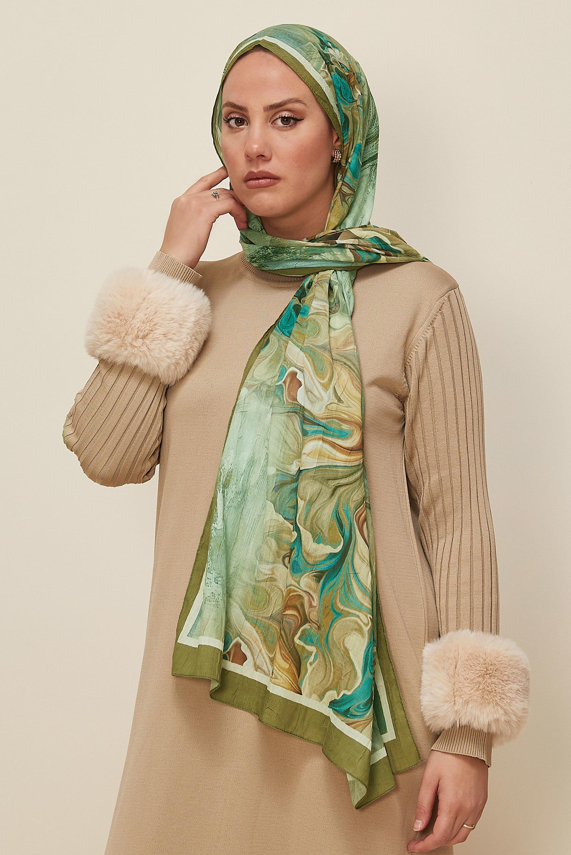 Tesettür giyim HAKİ ALVİNA DESENLİ KRAŞ ŞAL 3592